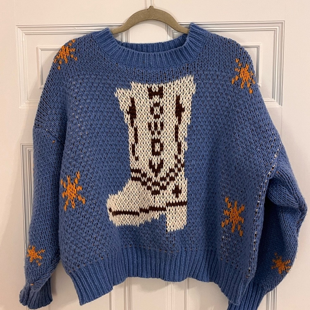 Cozy Blue Sweater with Boot and Snowflake Design